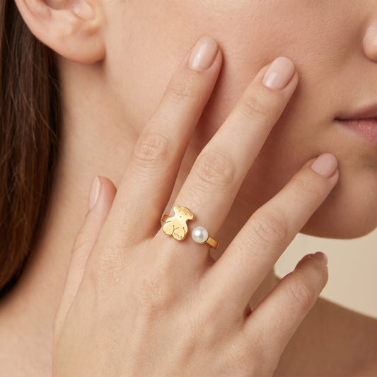 Teddy Bear & Pearl Open Ring