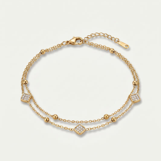 Pave CZ Cushion Station Double-Chain Anklet