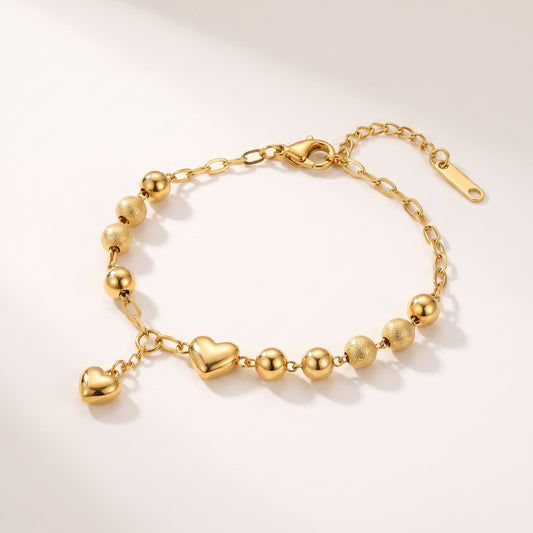 Gold Bead & Heart Charm Bracelet