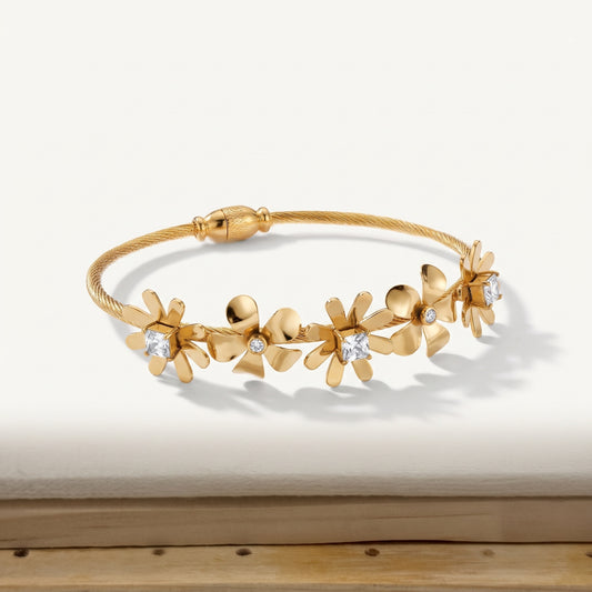 Gold Flower & Princess CZ Cable Cuff