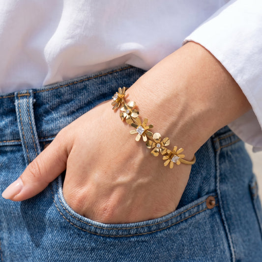 Gold Flower & Princess CZ Cable Cuff
