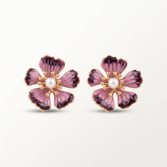 Pink Enamel Blossom Pearl Stud Earrings