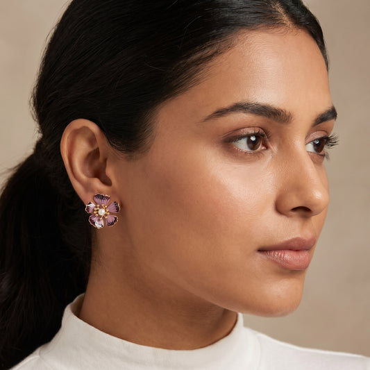 Pink Enamel Blossom Pearl Stud Earrings