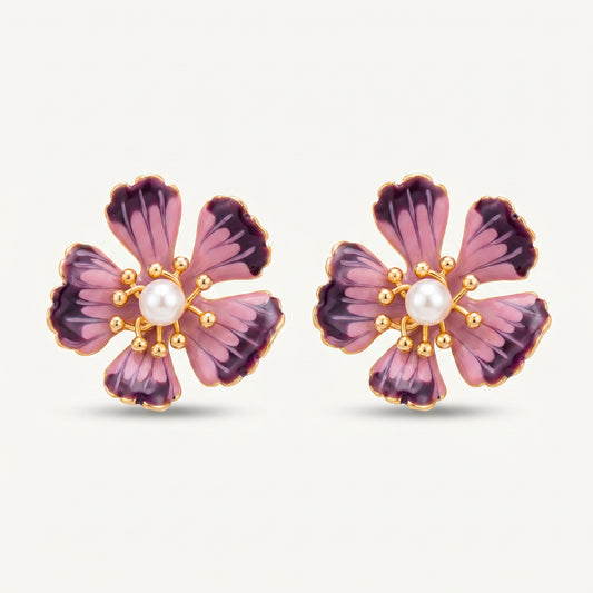Purple Enamel Pansy Pearl Stud Earrings