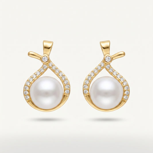 Pearl & CZ Ribbon Drop Earrings