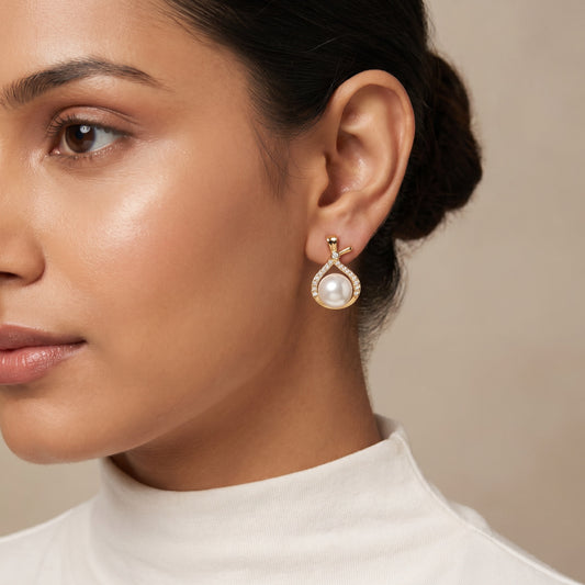 Pearl & CZ Ribbon Drop Earrings