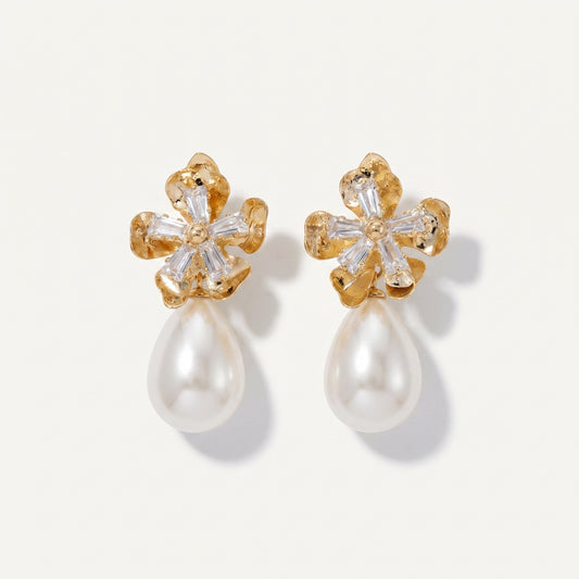 Floral Baguette Pearl Drop Earrings