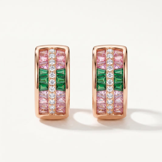 Rose Gold Pink & Green Baguette Huggie Earrings