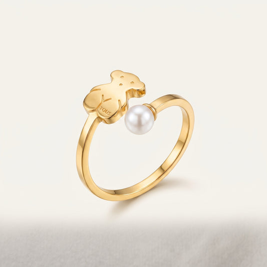 Teddy Bear & Pearl Open Ring